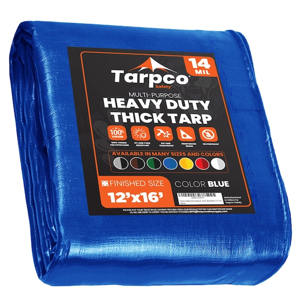 Tarpco Safety Heavy Duty Tarp, 16 ft L x 0.5 mm H x 12 ft W, 14 Mil, Blue, Polyethylene TS-105-12X16 - main
